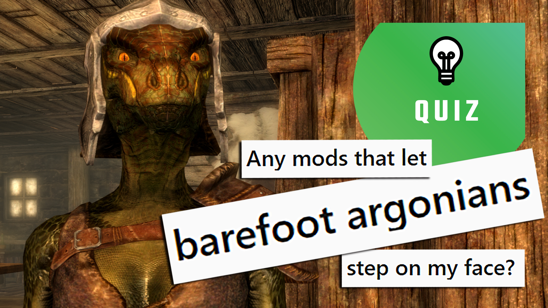 Reddit post asking for a mod where argonians step on the player's face with care feet, over a picture of an argonian from skyrim