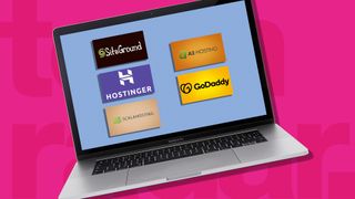 Best UK web hosting services: SiteGround, Hostinger, Scalahosting, A2 hosting and GoDaddy logo on a laptop screen