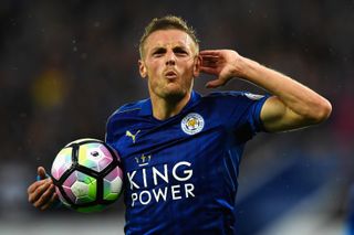 Jamie Vardy celebrates after scoring for Leicester City against Swansea City in August 2016.