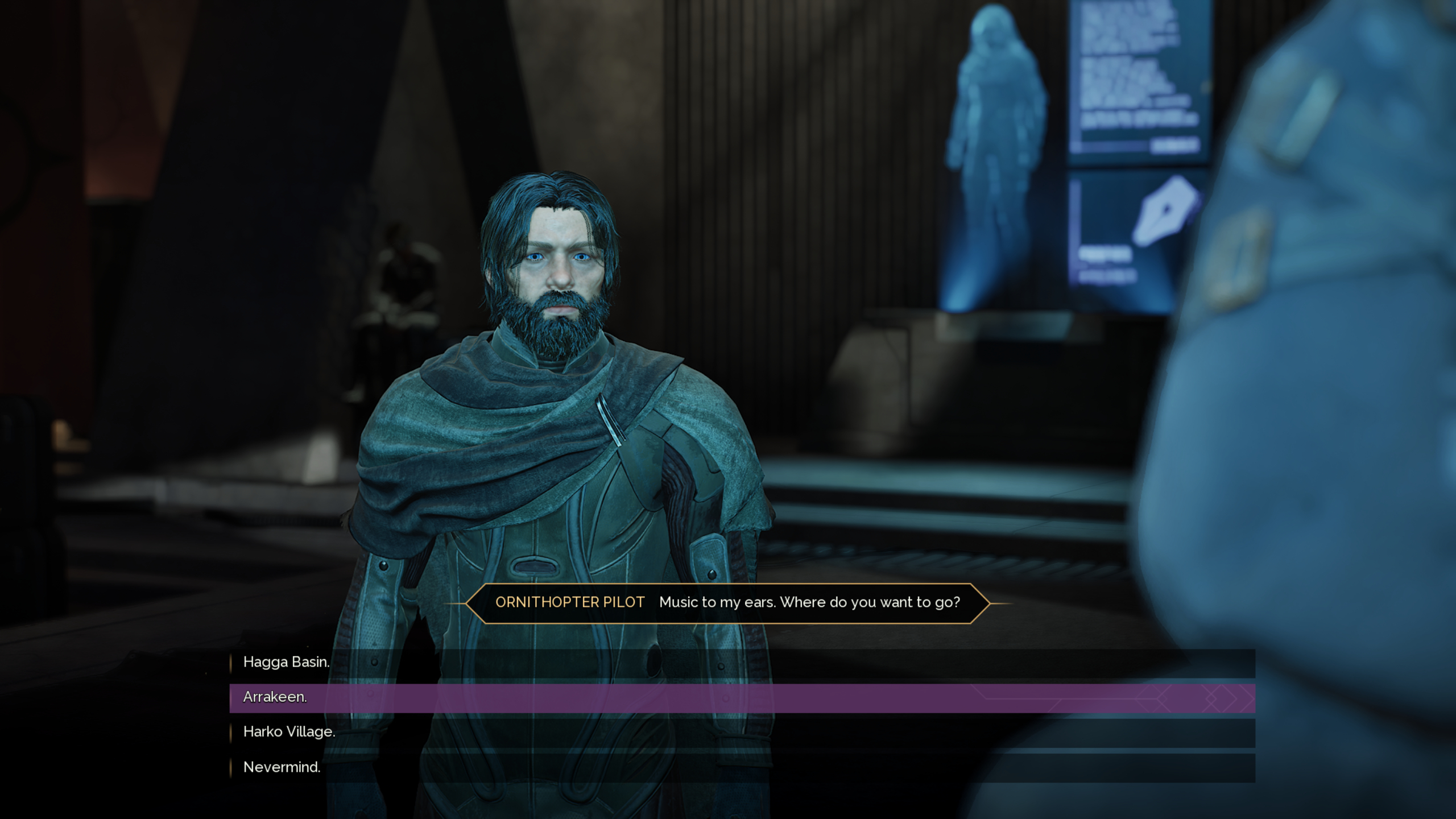 Dune: Awakening fast travel - The player asking an ornithopter pilot to fly them to a location.