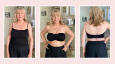 Three images of Julie Player testing strapless bras
