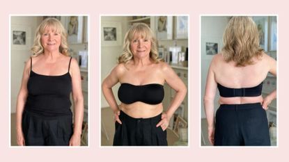 Three images of Julie Player testing strapless bras