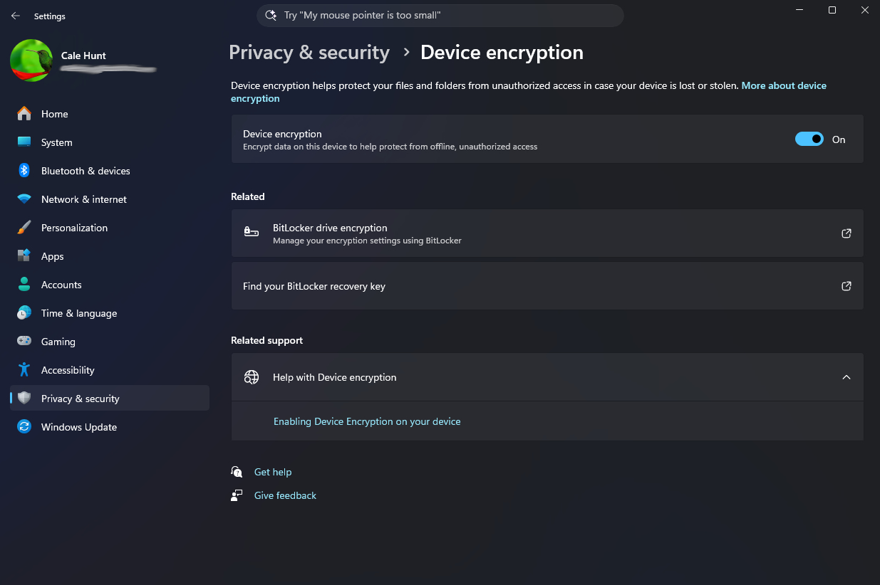 Screenshot of Windows settings showing "Device encryption" under "Privacy &amp;amp; security," with a sidebar menu and user profile named "Cale Hunt."