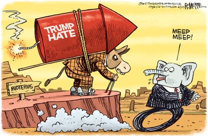 Political cartoon U.S. Democrats Trump hate midterm elections road runner
