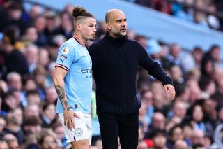 Kalvin Phillips of Manchester City and Pep Guardiola the head coach / manager of Manchester City during the Premier League match between Manchester City and Leicester City at Etihad Stadium on April 15, 2023 in Manchester, United Kingdom. (Photo by Robbie Jay Barratt - AMA/Getty Images)