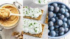 L-R: nut butter in a jar; cottage cheese on crackers; blueberries