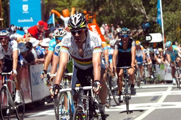 Cadel Evans finishes the stage