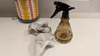 Spray bottle with scrunched up newspaper