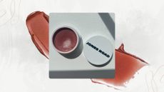 Image of open Jones Road Miracle Balm in shade 'Chic' on a white marble background, blush swatches and two swirl details