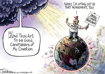 Political cartoon U.S. Paris Agreement climate change America First Trump supporters