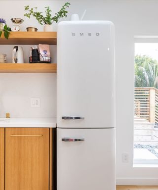 A kitchen with a white Smeg fridge, white walls, a wooden cabinet and wooden shelves with plants and accessories on it