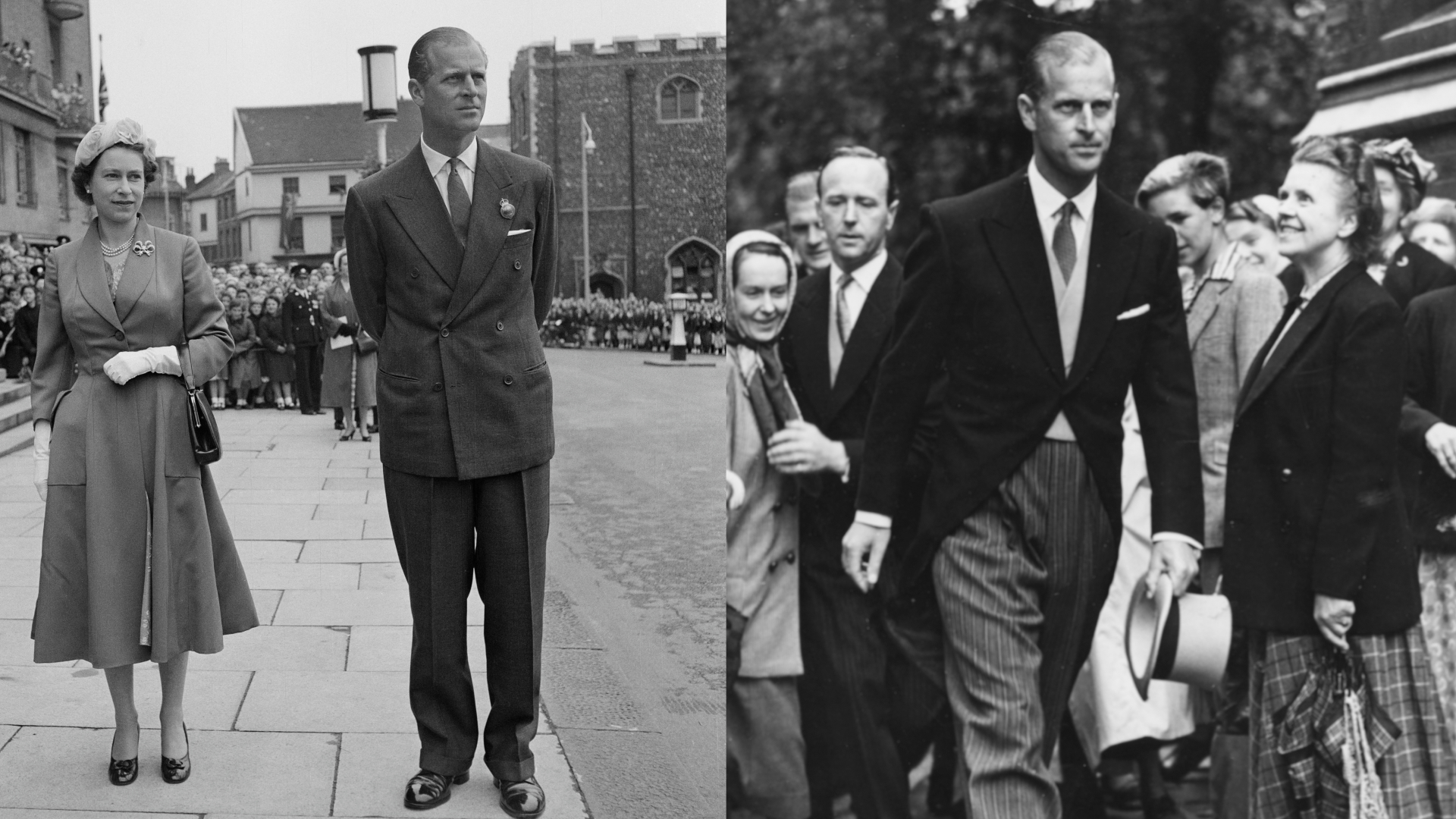 A split photo of Queen Elizabeth and Prince Philip in 1957 and Prince Philip walking in a three-piece suit