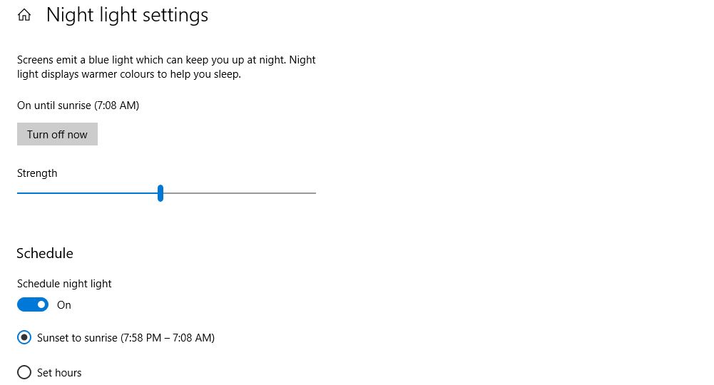 Windows 10 night light settings