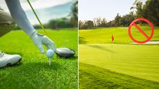 A golfer teeing up a ball and a golf hole with a red graphic showing where not to hit it