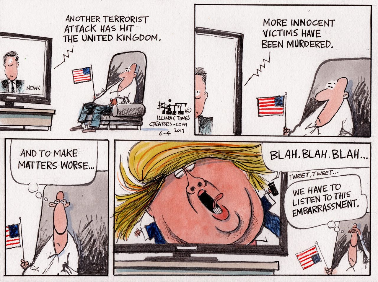 Political cartoon U.S. London attack Trump tweets