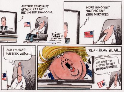 Political cartoon U.S. London attack Trump tweets