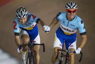 LONDON, ENGLAND - OCTOBER 25: Kenny de Ketele & Moreno de Pauw of Belgium compete in the Six Day London Cycling at the Velodrome on October 25, 2016 in London, England. (Photo by Justin Setterfield/Getty Images)