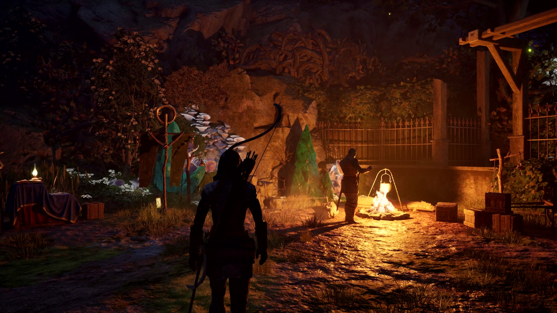 An image showing Avowed's third-person mode in the party camp.