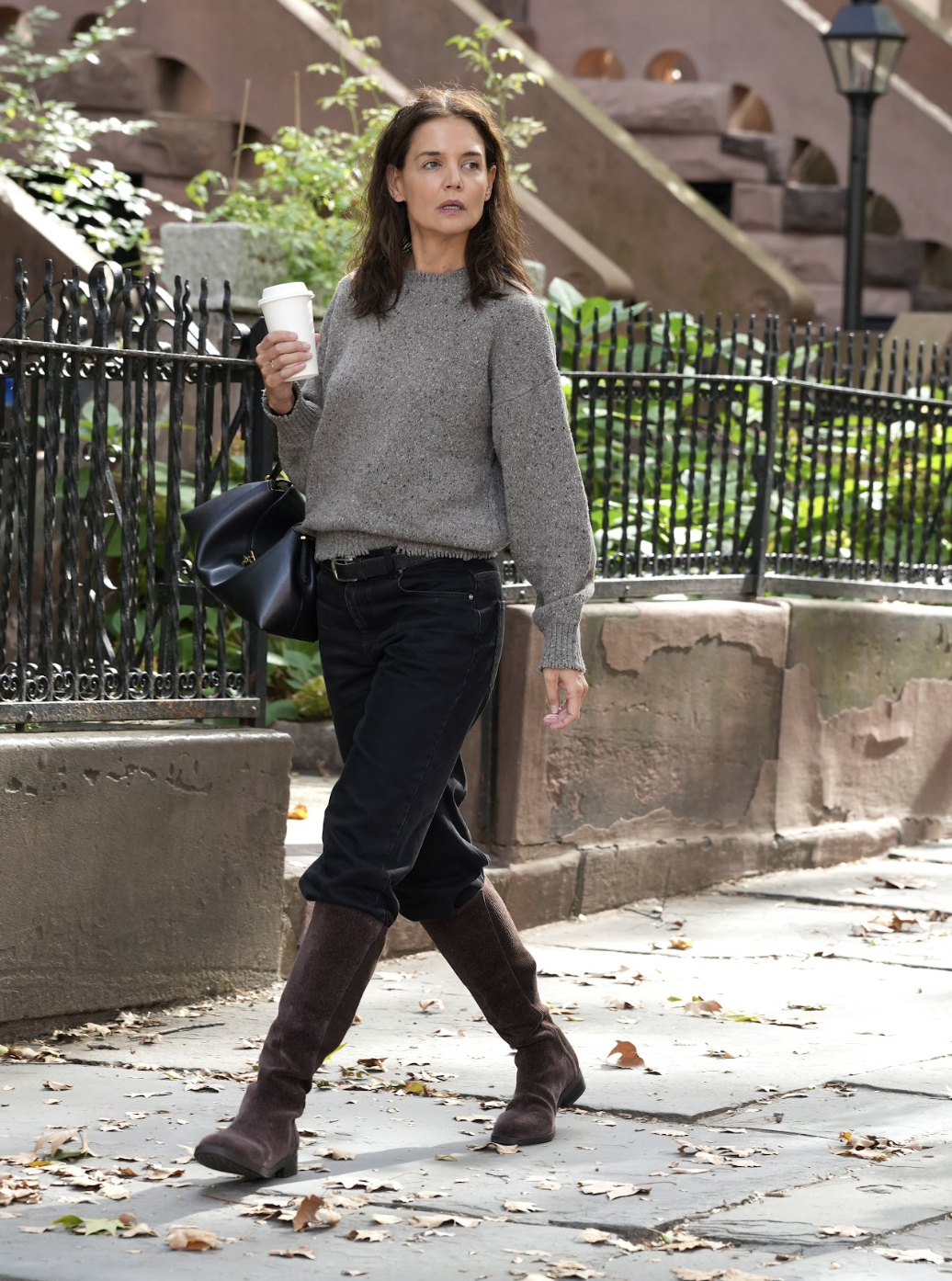 Katie Holmes in VIVAIA's knee high ADIA boots