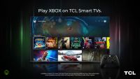 A TCL smart TV displays the Xbox Cloud Gaming interface with various game titles, accompanied by an Xbox wireless controller on a dark background.