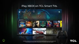A TCL smart TV displays the Xbox Cloud Gaming interface with various game titles, accompanied by an Xbox wireless controller on a dark background.