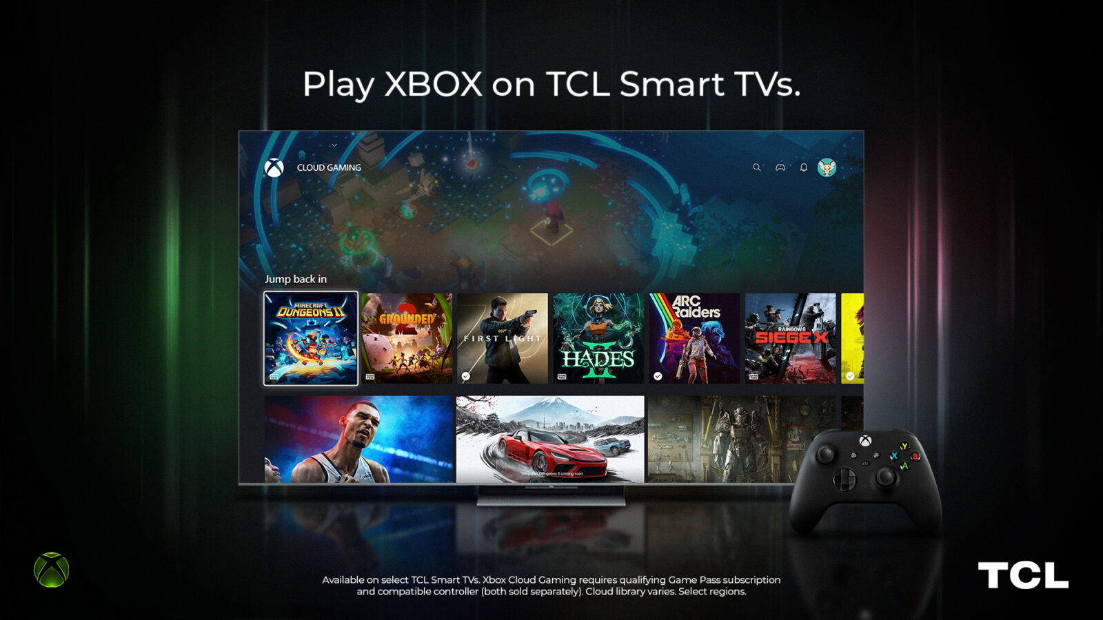 A TCL smart TV displays the Xbox Cloud Gaming interface with various game titles, accompanied by an Xbox wireless controller on a dark background.