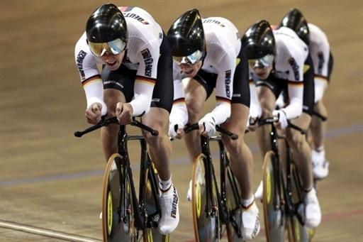 German team pursuit members Nikias Arndt, Henning Bommel, Stefan Schafer and Jakob Steigmiller compete during qualifying