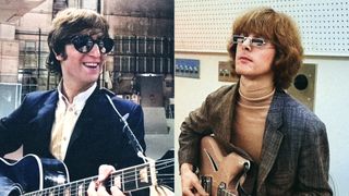 LEFT: John Lennon backstage for the Beatles' final performance on The Ed Sullivan Show, August 14th, 1965. RIGHT: Roger McGuinn of "The Byrds," at a recording session in Los Angeles, California. Image dated June 2, 1965. 