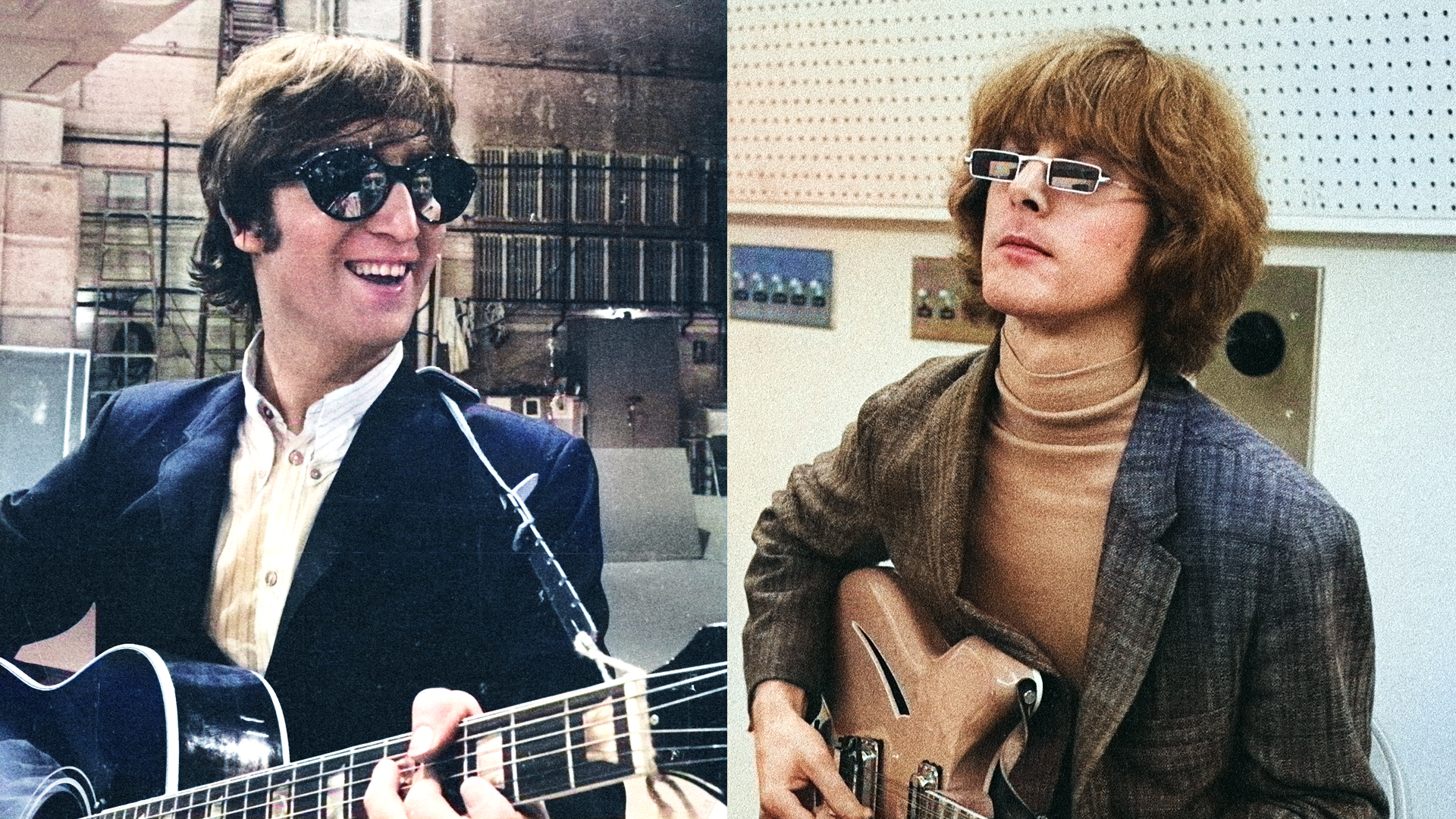 LEFT: John Lennon backstage for the Beatles&#039; final performance on The Ed Sullivan Show, August 14th, 1965. RIGHT: Roger McGuinn of &quot;The Byrds,&quot; at a recording session in Los Angeles, California. Image dated June 2, 1965. 