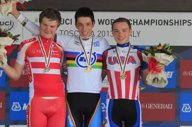 Igor Decraene (Belgium) with Mathias Krigbaum (Denmark) and Zeke Mostov (USA) on the podium of the junior men's time trial at the world championships in Florence.
