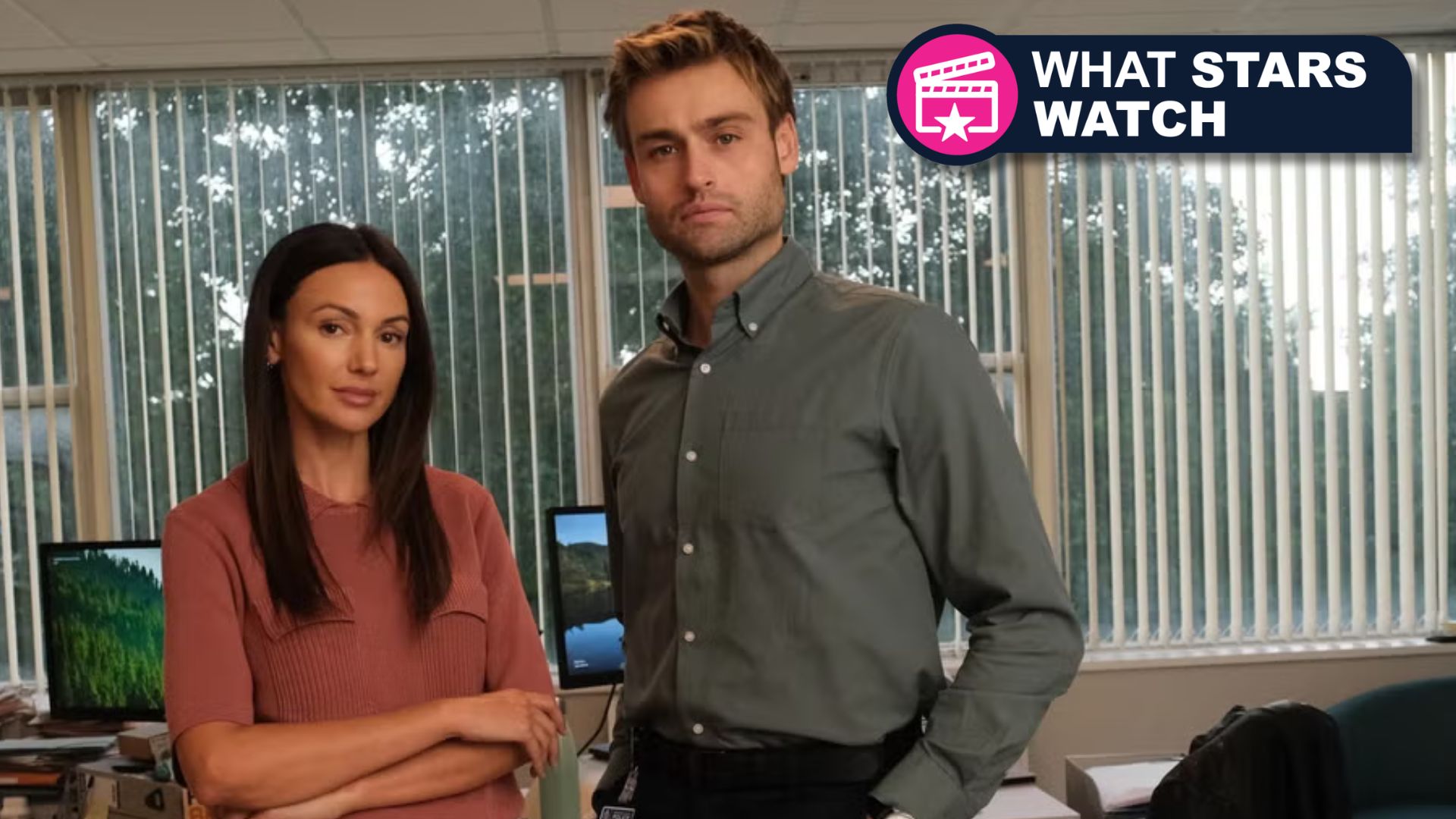 Michelle Keegan and Douglas Booth next to the What Stars Watch franchise badge