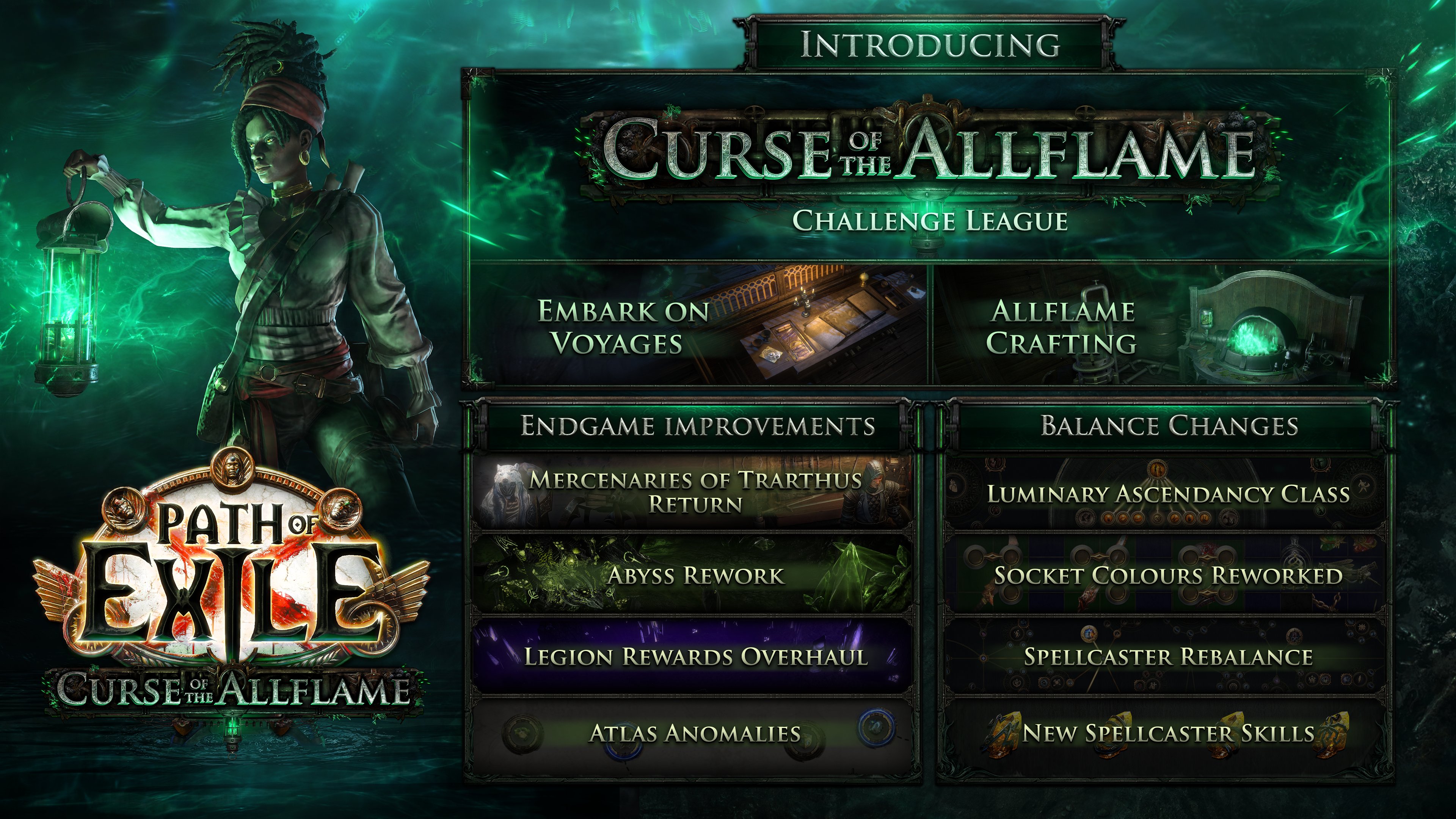 An inforgraphic for Path of Exile's Curse of the Allflame league. A woman carrying a glowing green lantern is on the left above the game logo. On the right there's a list of major changes.