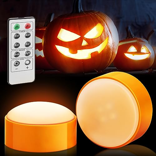 Luditek 2-Pack Halloween Led Pumpkin Lights With Remote and Timer, Battery Operated Orange Jack-O-Lantern Light for Halloween Decor, Flameless Candles for Pumpkin Decorations