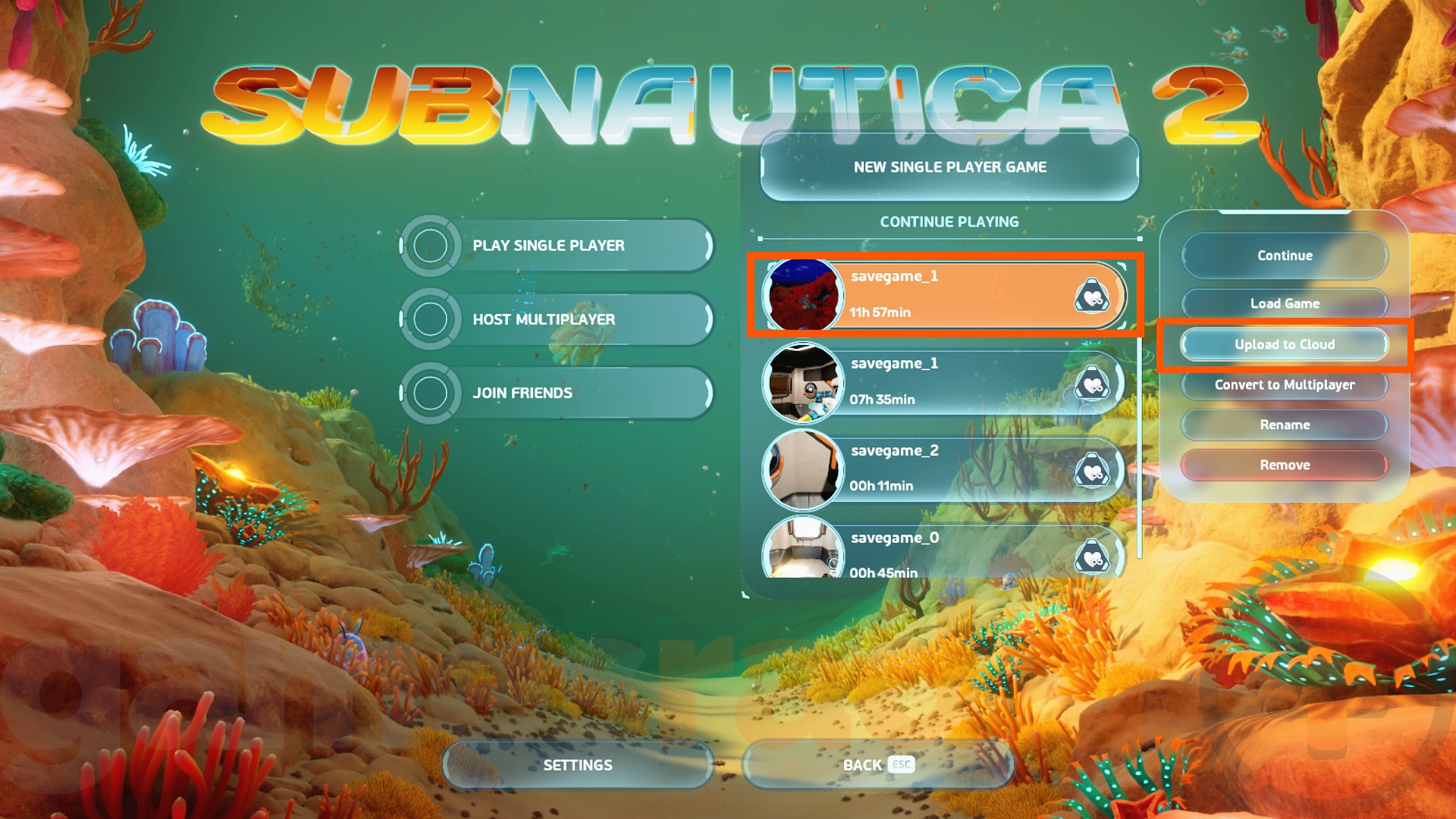 The Subnautica 2 main menu shows how to upload a cross platform save to the cloud.
