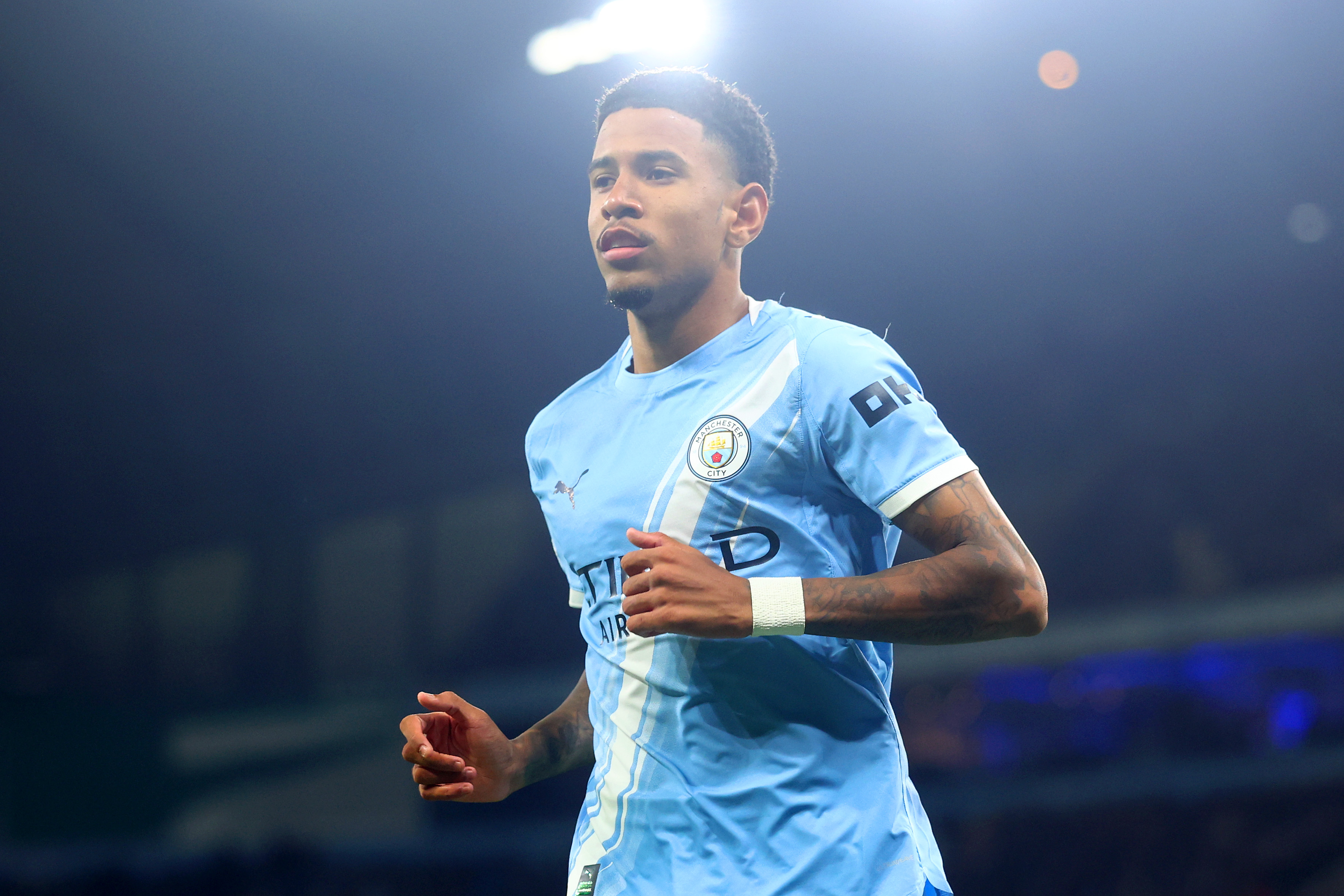 MANCHESTER, ENGLAND - NOVEMBER 25: Savinho of Manchester City looks on during the UEFA Champions League 2025/26 League Phase MD5 match between Manchester City and Bayer 04 Leverkusen at City of Manchester Stadium on November 25, 2025 in Manchester, England. (Photo by Chris Brunskill/Fantasista/Getty Images)