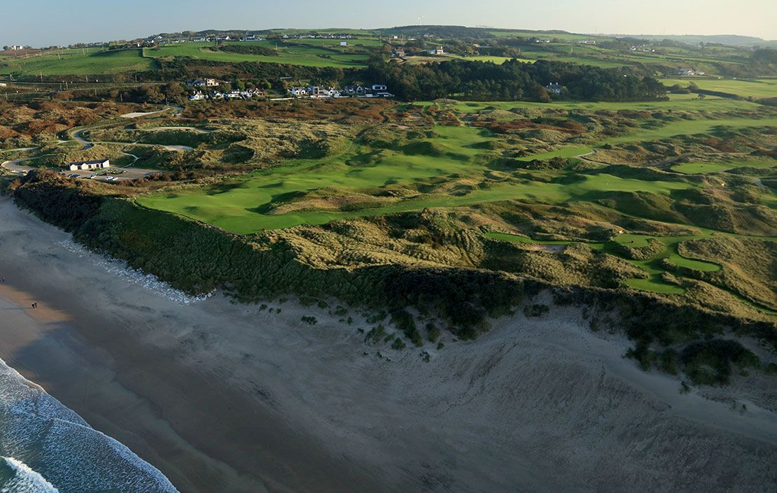 Aerial Views of Royal Portrush Golf Club - An aerial photograph from out to sea of the par 3, sixth hole Harry Colts&#039; in the foreground and the par 4, fifth hole &#039;White Rocks&#039; behind on the Dunluce Links at Royal Portrush Golf Club the host venue for the 2019 Open Championship on October 10, 2018 in Portrush, Northern Ireland. (Photo by David Cannon/Getty Images)