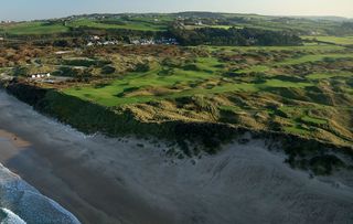 Aerial Views of Royal Portrush Golf Club - An aerial photograph from out to sea of the par 3, sixth hole Harry Colts' in the foreground and the par 4, fifth hole 'White Rocks' behind on the Dunluce Links at Royal Portrush Golf Club the host venue for the 2019 Open Championship on October 10, 2018 in Portrush, Northern Ireland. (Photo by David Cannon/Getty Images)