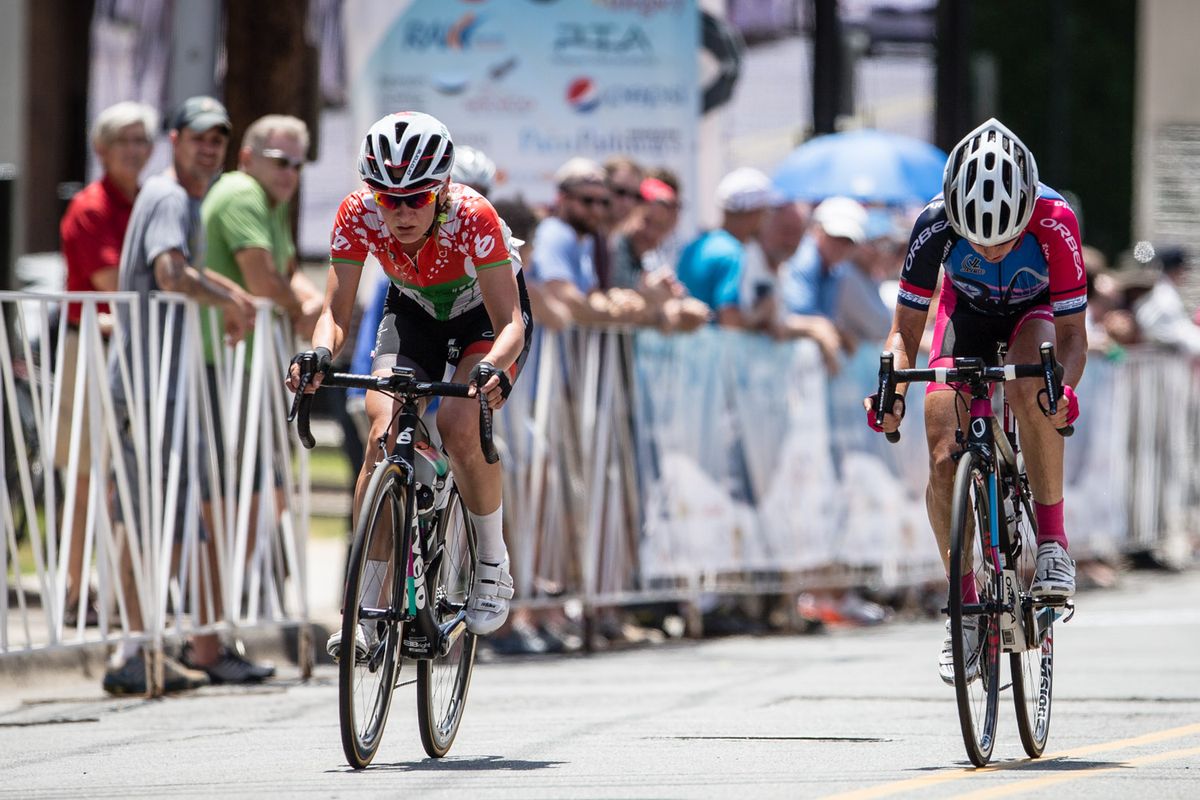 Alena Amialiusik (Velocio) and Amber Neben (Visit Dallas) head into the final lap.