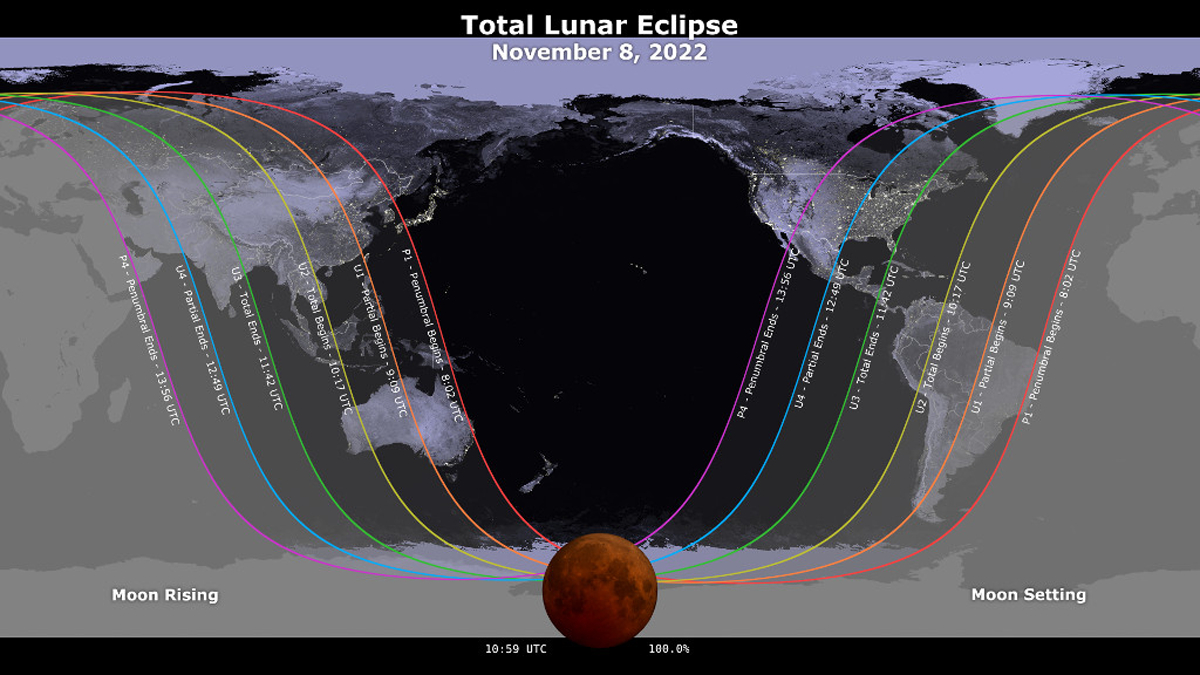 A map showing where the November 8, 2022 lunar eclipse is visible. Contours mark the edge of the visibility region at eclipse contact times.