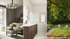 sage green living room with neutral sofa and ceiling light / A neutral colored bathroom with a glass standing shower, a rounded white bathtub, and a brown wooden standing sink unit. / A large lawned backyard, two lawn chairs underneath a large overhanging tree 