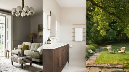 sage green living room with neutral sofa and ceiling light / A neutral colored bathroom with a glass standing shower, a rounded white bathtub, and a brown wooden standing sink unit. / A large lawned backyard, two lawn chairs underneath a large overhanging tree 