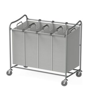 A silver laundry hamper with wheels
