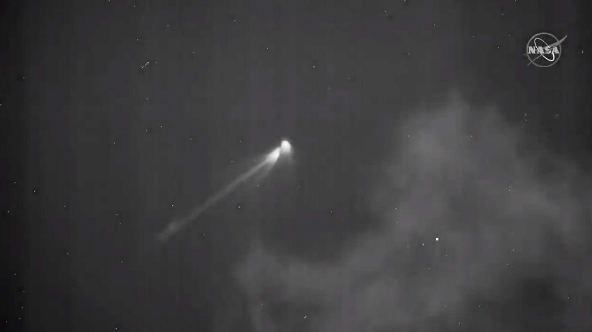 A Northrop Grumman Pegasus XL rocket streaks toward space carrying NASA's Ionosphere Connection Explorer satellite, or ICON, on Oct. 10, 2019. The rocket was launched from mid-air after being dropped by an L-1011 Stargazer carrier plane that took off from the Skid Strip runway at Cape Canaveral Air Force Station.