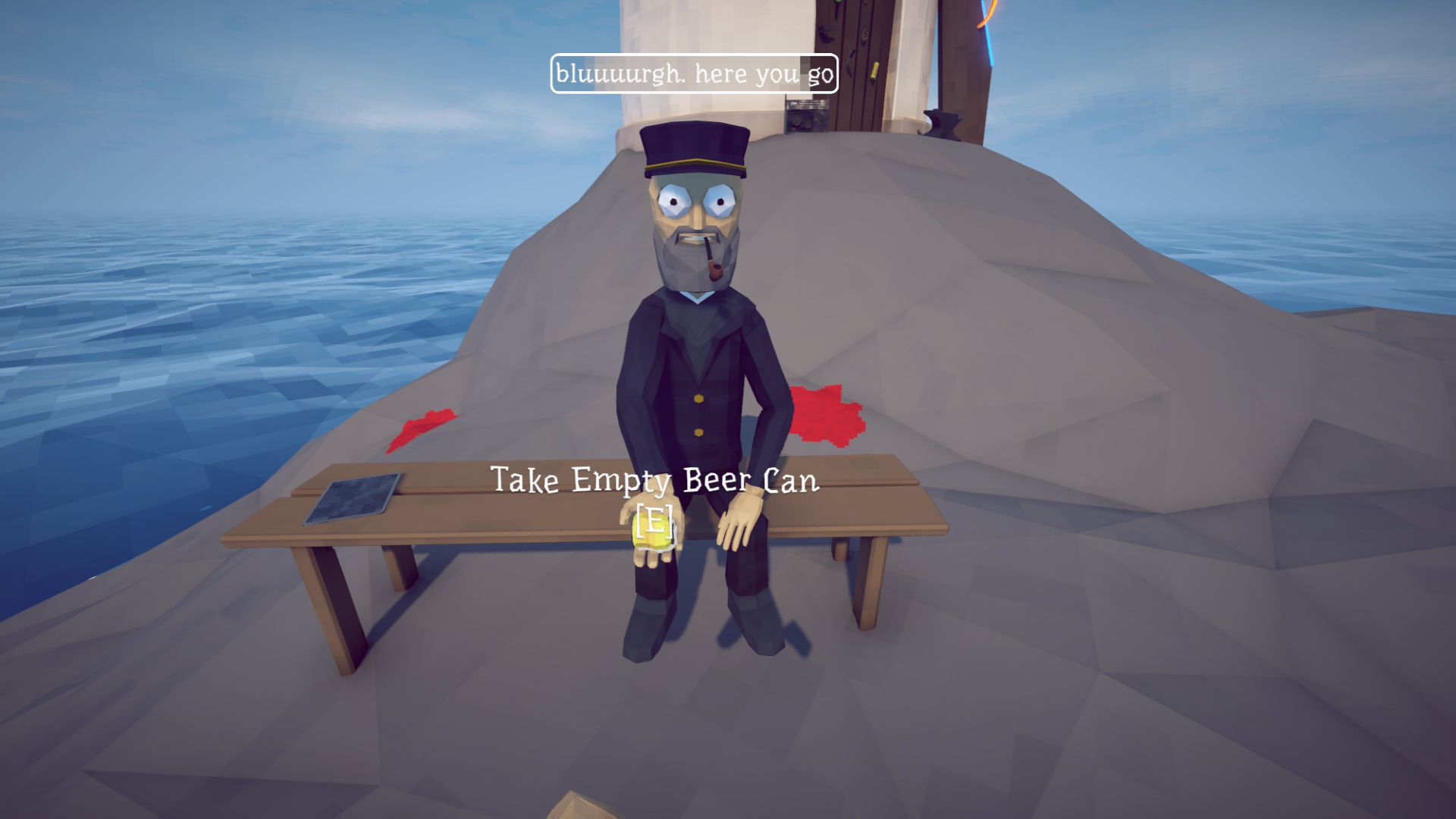 How to Fish - The sailor from Island 1 crushing the beer can.