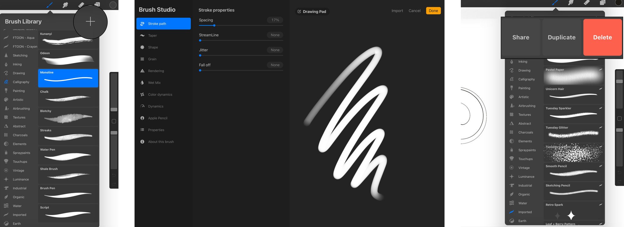 To create a new Brush, tap on the + sign in the Brush Library pane, adjust the settings as desired in the Brush Studio, and tap Done. To Delete, Duplicate, or Share the new Brush, swipe on the Brush from right to left to display a new menu.