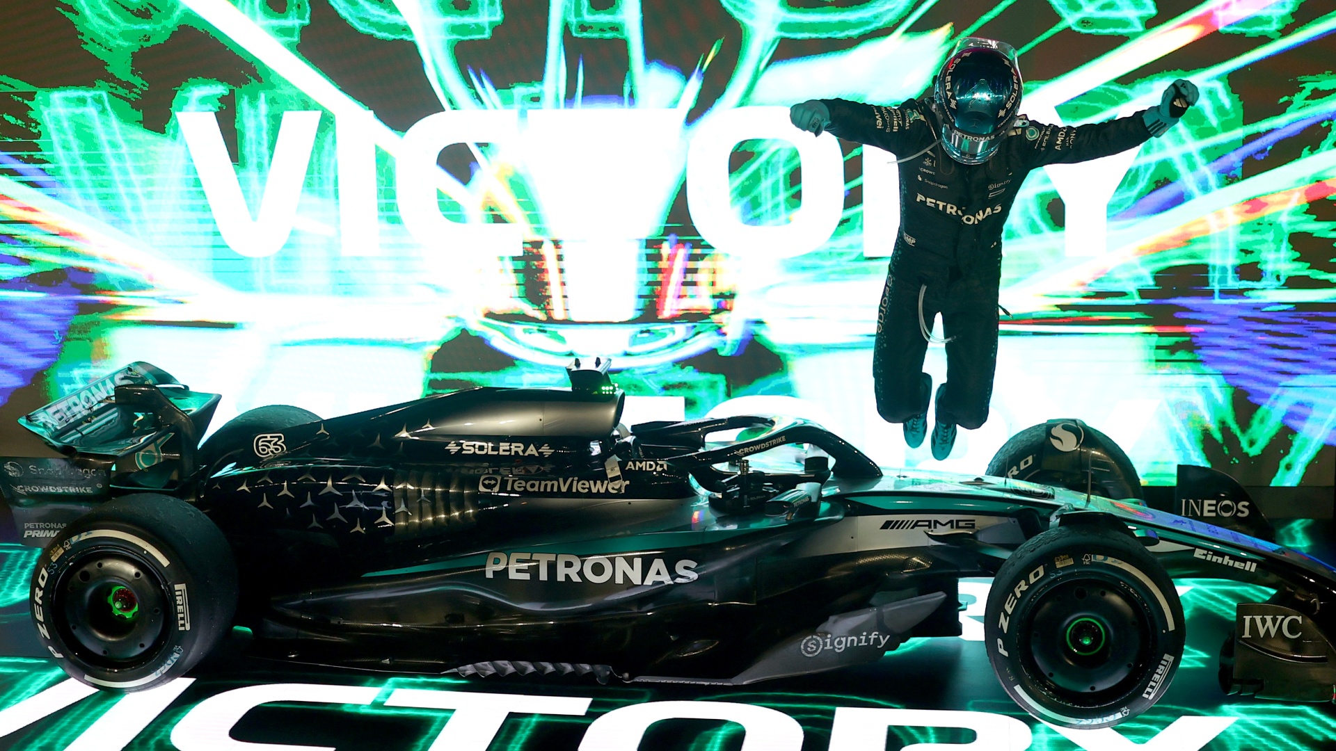 George Russell celebrates winning the Singapore Grand Prix in 2025