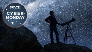 Man with telescope silhouetted on a hill with milky way and stars in background and cyber monday deal logo