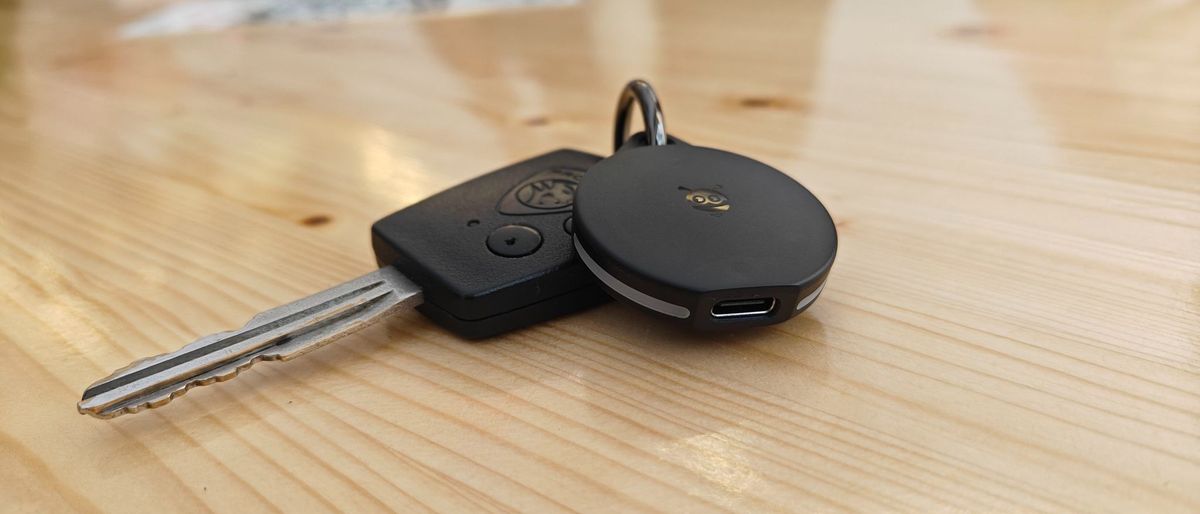 Pebblebee Clip Bluetooth tracker compatible with Google Find My Device on a car key.