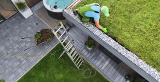 a professional installing a green roof on a garden summer house