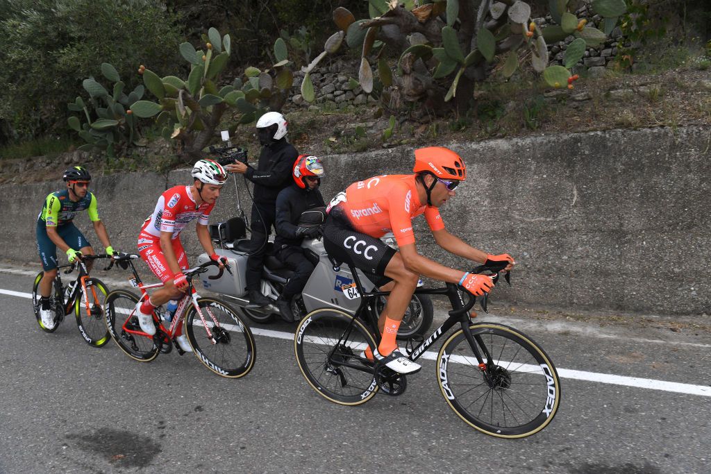 VILLAFRANCA TIRRENA ITALY OCTOBER 06 Simon Pellaud of Switzerland and Team Androni Giocattoli Sidermec Marco Frapporti of Italy and Team Vini Zabu KTM Kamil Gradek of Poland and CCC Team during the 103rd Giro dItalia 2020 Stage 4 a 140km stage from Catania to Villafranca Tirrena girodiitalia Giro on October 06 2020 in Villafranca Tirrena Italy Photo by Tim de WaeleGetty Images